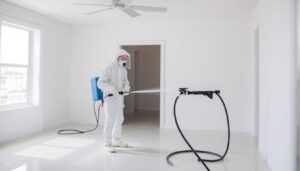 Professional sanitizing a West Palm Beach home after water damage